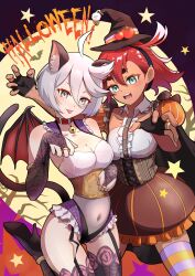  2girls absurdres ahoge alternate_costume animal_ears bat_(animal) bell black_hairband blue_eyes boots breasts bridal_gauntlets brown_corset brown_skirt cat_ears cat_tail cleavage corset cowboy_shot cowlick dark-skinned_female dark_skin demon_wings elbow_gloves fingerless_gloves floral_print frilled_leotard frills full_moon garter_straps gloves grey_eyes gundam gundam_suisei_no_majo hairband halloween halloween_costume hat high_heel_boots high_heels highres jewelry kemonomimi_mode leotard miorine_rembran moon multiple_girls navel neck_bell paw_pose print_thighhighs puffy_short_sleeves puffy_sleeves red_hair ring rose_print see-through see-through_leotard see-through_thighhighs shirt short_hair short_sleeves shourai skirt spider_web_print star_(symbol) striped_clothes striped_thighhighs suletta_mercury tail thick_eyebrows thighhighs tomato tongue tongue_out translucent wedding_ring white_hair white_shirt wife_and_wife wings witch witch_hat yuri 