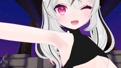  arm_up armpit_focus armpits breasts highres karin_(vrchat) loli lolidom one_eye_closed open_mouth small_breasts smell twintails underboob vrchat white_hair wink  rating:Questionable score:22 user:kittycola