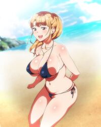  1girl absurdres ane_wa_yanmama_junyuuchuu_in_jikka ass bikini blonde_hair breasts brown_eyes cleavage highres large_breasts looking_at_viewer mature_female navel open_mouth ponytail sano_aika sitting smile solo stitched sweat swimsuit thick_thighs thighs third-party_edit thong_bikini  rating:Sensitive score:47 user:spk