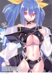  1girl absurdres asymmetrical_wings bare_shoulders belt blue_hair breasts cameltoe choker dizzy_(guilty_gear) guilty_gear guilty_gear_x guilty_gear_xx hair_ribbon hand_on_own_chest highres large_breasts long_hair miwa_yoshikazu navel panties parted_lips puffy_sleeves red_eyes ribbon solo tail tail_ornament tail_ribbon thick_thighs thigh_strap thighs twintails underboob underwear wide_hips wings 