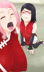  2girls ass black_eyes black_hair boruto:_naruto_next_generations breasts closed_eyes closed_mouth covered_erect_nipples female_focus glasses haruno_sakura highres huge_breasts licking mature_female mother_and_daughter multiple_girls naruto naruto_(series) open_mouth short_hair small_breasts source_request sunahara_wataru teeth uchiha_sarada  rating:Questionable score:29 user:DarthDaniel96