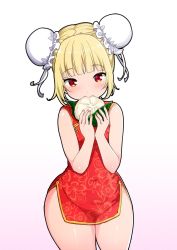  1girl artist_request blonde_hair china_dress chinese_clothes covered_navel double_bun dress flat_chest floral_print hair_bun highres long_hair looking_at_viewer open_mouth red_dress solo source_request  rating:Sensitive score:9 user:Sureok