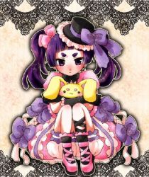  1girl ao_no_exorcist blue_hair blush rabbit doll eyebrows hat hikimayu kamiki_izumo purple_hair ribbon twintails  rating:Sensitive score:3 user:Zayako
