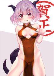  1girl :3 absurdres bare_shoulders breasts china_dress chinese_clothes chinese_zodiac cleavage_cutout clothing_cutout commentary_request covered_navel dragon_girl dragon_horns dragon_tail dress grey_hair highres horns looking_at_viewer original red_dress red_eyes revealing_clothes short_hair sideless_outfit small_breasts smile solo suga_hideo sweat tail year_of_the_dragon 