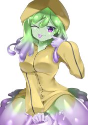 1girl absurdres alan_(210bush) breasts colored_skin green_hair green_skin highres medium_breasts monster_girl original purple_eyes raincoat slime_girl smile solo tongue tongue_out