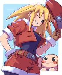  1girl artist_name blonde_hair breasts capcom covered_navel data_(mega_man) gloves green_eyes grin highres ishigaki02 jacket legs looking_at_viewer medium_breasts medium_hair mega_man_(series) mega_man_legends_(series) monkey one_eye_closed open_clothes open_jacket parted_lips pointy_hair roll_caskett_(mega_man) shorts smile solo thighs wink 