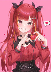 1girl absurdres akane_lize alternate_costume black_choker black_eyes breasts center_frills choker collared_shirt ear_piercing earrings eyebrows_hidden_by_hair fangs frilled_shirt frills grin hair_ornament hair_ribbon hairclip hands_up heart heart-shaped_pupils heart_choker heart_hands highres jewelry long_hair long_sleeves looking_at_viewer medium_breasts mole mole_under_eye multicolored_hair oert129 piercing pink_background red_hair red_shirt ribbon shirt shirt_tucked_in sidelocks simple_background smile solo spoken_heart stellive streaked_hair symbol-shaped_pupils two_side_up underbust upper_body very_long_hair virtual_youtuber wing_collar wristband
