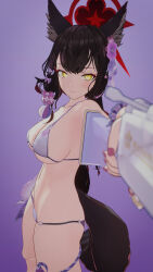  1girl 3d absurdres animal_ears ass black_hair breasts croove gun highres large_breasts nail_polish narrow_waist pointing_gun pointing_gun_at_viewer purple_background purple_nails stomach swimsuit tagme tail wakamo_(blue_archive) weapon wide_hips yellow_eyes  rating:Sensitive score:11 user:ayynewnemis