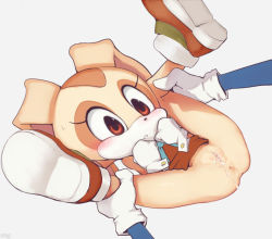 1boy 1girl aftersex animal_ears anus blush bottomless bunny_ears conoghi cream_the_rabbit cum cum_in_pussy furry gloves highres leg_grab loli lying on_back pussy shoes simple_background solo_focus sonic_the_hedgehog sonic_(series) uncensored white_background