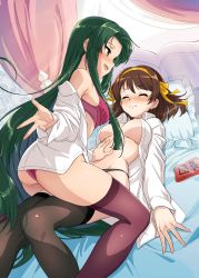 2girls armband unworn_armband bed black_legwear black_panties blush bob_cut bra breasts brown_eyes brown_hair closed_mouth commentary_request fang green_hair hair_ribbon hairband hand_on_another&#039;s_stomach headboard highres hotaru_iori ichimi_renge large_breasts long_hair long_sleeves lying multiple_girls nose_blush off_shoulder on_back open_clothes open_mouth open_shirt panties pillow pink_bra pink_panties purple_legwear ribbon shirt short_hair suzumiya_haruhi suzumiya_haruhi_no_yuuutsu thighhighs tsuruya underwear very_long_hair white_shirt yellow_hairband yuri rating:Questionable score:49 user:danbooru