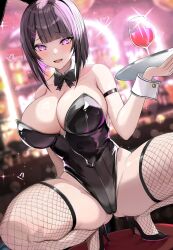  1girl animal_ears bare_shoulders black_hair black_leotard blush breasts colored_inner_hair covered_navel cup detached_collar drinking_glass fake_animal_ears fishnet_thighhighs fishnets high_heels highleg highleg_leotard highres large_breasts leotard looking_at_viewer luse_maonang multicolored_hair open_mouth original pink_eyes pink_hair playboy_bunny rabbit_ears short_hair smile solo squatting thighhighs tray wine_glass wrist_cuffs 