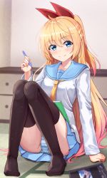 1girl absurdres arm_support ass black_thighhighs blonde_hair blue_eyes blue_sailor_collar blush breasts closed_mouth collarbone commentary_request hair_ribbon hand_up happycloud highres holding holding_pen kirisaki_chitoge long_hair long_sleeves looking_at_viewer nisekoi no_shoes panties pantyshot pen pleated_skirt red_ribbon ribbon sailor_collar school_uniform shirt sitting skirt small_breasts smile solo striped_clothes striped_panties thighhighs underwear very_long_hair white_shirt rating:Sensitive score:31 user:danbooru