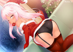  1girl alternate_costume ass black_panties blush bow breasts chloe_von_einzbern closed_mouth clothes_lift condom condom_in_mouth condom_wrapper dark-skinned_female dark_skin dress dress_lift dutch_angle elbow_gloves fate/kaleid_liner_prisma_illya fate_(series) female_focus garter_belt garter_straps gloves hair_between_eyes hat ichio long_hair looking_at_viewer looking_back mouth_hold panties pink_hair red_bow red_dress red_gloves red_thighhighs santa_costume santa_hat shiny_clothes shiny_skin short_dress smile solo thighhighs underwear  rating:Sensitive score:77 user:Domestic_Importer
