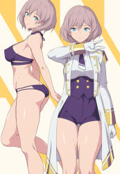  1girl arm_at_side arm_behind_back ass bikini blue_eyes breasts butt_crack closed_mouth coat commentary_request corset epaulettes gloves grey_hair gridman_universe hair_between_eyes halterneck hand_up highres instance_domination large_breasts long_sleeves looking_at_viewer mujina multiple_views nanikairu necktie purple_bikini purple_corset purple_necktie purple_shorts shirt short_hair short_necktie shorts smile split_mouth ssss.dynazenon swimsuit thigh_gap underbust white_coat white_gloves white_shirt  rating:Sensitive score:68 user:danbooru