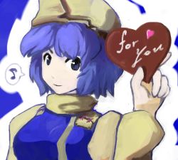  1girl ? blue_hair blush candy chocolate chocolate_heart english_text female_focus food hat heart letty_whiterock lowres musical_note simon_(artist) solo speech_bubble spoken_musical_note spoken_question_mark touhou valentine 