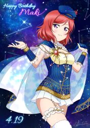  1girl absurdres aries_(constellation) arms_up beret blue_cape blue_hat blue_shirt breasts bridal_garter cancer_(symbol) cape character_name cleavage commentary_request constellation constellation_costume earrings english_text frills gem gemini_(symbol) grin happy_birthday hat highres jewelry leo_(symbol) looking_at_viewer love_live! love_live!_school_idol_festival love_live!_school_idol_project medium_breasts medium_hair miniskirt night night_sky nishikino_maki parted_lips purple_eyes red_gemstone red_hair scorpio_(symbol) shiratama_(siratama_ll) shirt skirt sky smile solo sparkle star_(sky) star_(symbol) star_print starry_sky thighhighs triangle_earrings two-sided_cape two-sided_fabric virgo_(symbol) white_cape white_skirt white_thighhighs 