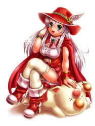 1girl :d aqua_eyes blush boots bracelet cape crossed_legs final_fantasy final_fantasy_iii hand_up hat hat_ornament high_heel_boots high_heels jewelry long_hair lying moogle moriichi on_stomach open_mouth red_cape red_footwear red_hat red_mage_(final_fantasy) red_skirt sidelocks simple_background sitting skirt smile unconscious very_long_hair white_hair white_legwear