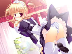 1girl blonde_hair blush bow cafe eyebrows hair_bow head_turn highres looking_at_viewer maid mikeou panties red_eyes solo striped_clothes striped_panties thighhighs underwear upskirt waitress white_thighhighs rating:Questionable score:6 user:Kiren