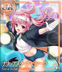 1girl arms_up artist_request card_(medium) character_name coat fang gloves gym_uniform headband leaning_forward long_hair nana_asta_deviluke navel open_mouth outstretched_arms pink_eyes pink_hair shirt short_shorts shorts smile solo tail to_love-ru to_love-ru_darkness:_idol_revolution twintails wind wind_lift rating:Sensitive score:19 user:danbooru