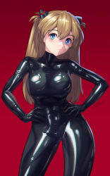  1girl blue_eyes bodysuit breasts brown_hair hands_on_own_hips highres large_breasts latex latex_bodysuit long_hair neon_genesis_evangelion red_background shiny_clothes simple_background skin_tight souryuu_asuka_langley zipper  rating:Questionable score:33 user:E-Mariachi