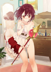 1girl :/ angry ass atelier_(series) atelier_sophie back blush bottle breasts brown_eyes brown_hair carpet chest_of_drawers cleft_of_venus drawer dress unworn_dress dressing embarrassed female_focus highres holding holding_clothes holding_staff indoors looking_at_viewer maroon_hair medium_breasts mirror nipples noco_(adamas) nude nude_filter picture_frame plant potted_plant pussy reflection short_hair solo sophie_neuenmuller staff standing tears third-party_edit uncensored rating:Explicit score:135 user:sytalidis