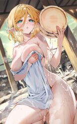  1girl :o alternate_breast_size bath bathing blonde_hair blush breasts cleavage heavy_breathing highres large_breasts nintendo nude onsen open_mouth pointy_ears princess_zelda short_hair shuri_(84k) steam the_legend_of_zelda thighs water wet wet_hair 