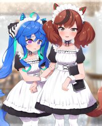  2girls @_@ ahoge alternate_costume animal_ears aqua_hair arm_grab blue_eyes blue_hair blurry blurry_background blush bokeh bow brown_eyes choker commentary cowboy_shot crossed_bangs depth_of_field dress ear_covers enmaided fang frilled_choker frilled_dress frills hair_bow heterochromia highres holding holding_menu horse_ears horse_girl horse_tail indoors long_hair looking_at_viewer maid maid_headdress menu multicolored_hair multiple_girls nice_nature_(umamusume) open_mouth pantyhose puffy_short_sleeves puffy_sleeves purple_eyes raised_eyebrows ransusan red_hair short_sleeves sidelocks streaked_hair striped_bow tail twin_turbo_(umamusume) twintails two-tone_hair umamusume very_long_hair white_pantyhose white_wrist_cuffs wrist_cuffs 