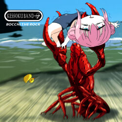  1girl album_cover_redraw blue_eyes blurry bocchi_the_rock! derivative_work double_bun gotoh_hitori goumonsha hair_bun highres lobster parody parody_request pink_hair rubber_duck school_swimsuit swimsuit the_fat_of_the_land_(album) the_prodigy  rating:General score:9 user:danbooru