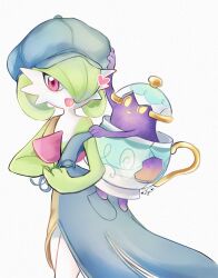  absurdres clothed_pokemon colored_skin crack creatures_(company) dress game_freak gardevoir gardevoir_(cafe) gen_3_pokemon gen_8_pokemon ghost green_hair hair_over_one_eye hat heart highres krystalstar70 looking_at_viewer multicolored_skin nintendo open_mouth pink_eyes pokemon pokemon_(creature) pokemon_unite signature simple_background sinistea smile teapot two-tone_dress two-tone_skin white_skin yellow_eyes 