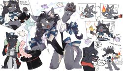  1boy 1girl animal_ear_fluff animal_ears animal_hands arm_up bird birdcage black_coat black_fur black_hair black_one-piece_swimsuit blue_bow blue_bowtie body_fur bow bowtie braid burning cage cat_ears cat_girl cat_tail center_opening claws coat commentary_request creature cropped_legs crowd dog_boy dog_ears dog_tail english_text fangs fire furry furry_female furry_male grey_fur hair_bow hands_up hat highres holding holding_clothes holding_hat long_hair long_sleeves looking_at_viewer magic magician mixed-language_text one-piece_swimsuit open_mouth original puffy_short_sleeves puffy_sleeves rata_(norahasu) short_sleeves shrug_(clothing) simple_background swimsuit tail tail_bow tail_ornament top_hat translation_request twin_braids unworn_hat unworn_headwear white_background yellow_eyes 