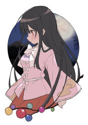  1girl absurdres ahase_hino black_hair bow bowtie branch closed_mouth commentary_request dress_bow full_moon highres houraisan_kaguya jeweled_branch_of_hourai light_blush light_frown long_hair long_sleeves looking_to_the_side moon night night_sky pink_shirt purple_bow red_skirt shirt skirt sky solo touhou very_long_hair white_bow white_bowtie wide_sleeves 