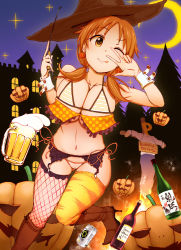  1boy 1girl 3e ;p alcohol barefoot beer beer_can beer_mug bikini bikini_top_only boots bottle breasts brown_footwear brown_hat burning can castle cleavage closed_mouth commentary_request crescent_moon crucifixion cup drink_can fire fishnet_thighhighs fishnets foreshortening frills garter_belt gluteal_fold hair_tie halloween hat idolmaster idolmaster_cinderella_girls jack-o&#039;-lantern katagiri_sanae knee_boots large_breasts leg_up long_hair looking_at_viewer low_twintails moon mug navel one_eye_closed orange_ribbon orange_thighhighs outdoors p-head_producer polka_dot producer_(idolmaster) pumpkin pumpking purple_sky ribbon side-tie_bikini_bottom sign sky smile sparkle standing standing_on_one_leg stomach striped_bikini striped_bikini_top striped_clothes swimsuit tareme thighhighs thighhighs_under_boots tongue tongue_out tree twintails v witch_hat wrist_cuffs  rating:Sensitive score:18 user:danbooru