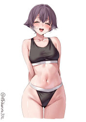  1girl arms_behind_back bare_shoulders black_panties black_sports_bra blush breasts closed_eyes collarbone commentary cowboy_shot crop_top cropped_legs ebifurya gluteal_fold groin hair_between_eyes heavy_breathing highres kantai_collection medium_breasts navel one-hour_drawing_challenge open_mouth panties sakawa_(kancolle) sidelocks simple_background smile solo sports_bra sweat teeth thighs underwear underwear_only upper_teeth_only white_background 