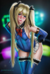 1girl bare_shoulders blonde_hair blue_eyes blush breasts dead_or_alive dead_or_alive_5 detached_sleeves freckles frills hair_ribbon highres lolliedrop long_hair looking_at_viewer marie_rose ribbon small_breasts solo twintails rating:Sensitive score:76 user:danbooru