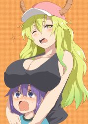 10s 1boy 1girl :o ;d age_difference bad_id bad_twitter_id bare_shoulders baseball_cap blonde_hair blush breast_rest breasts breasts_on_head cleavage covered_erect_nipples dragon_girl dragon_horns gradient_hair half-closed_eyes hat horns kobayashi-san_chi_no_maidragon large_breasts long_hair looking_at_viewer lucoa_(maidragon) magatsuchi_shouta multicolored_hair no_bra one_eye_closed onee-shota open_mouth orange_background purple_eyes purple_hair shota simple_background smile surprised sweatdrop tank_top upper_body wavy_mouth wide-eyed yellow_eyes rating:Questionable score:59 user:danbooru