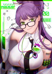  1girl black_necktie button_gap closed_mouth coat ether_(nikke) glasses goddess_of_victory:_nikke green_eyes long_hair looking_at_viewer looking_over_eyewear loose_necktie necktie off-shoulder_coat off_shoulder ponytail purple_hair shirt sleeveless sleeveless_shirt smile solo syu37s white_coat white_shirt 