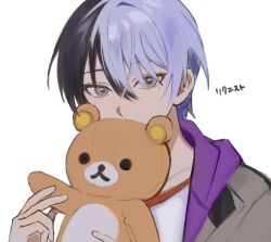  1boy aoyagi_touya blue_hair commentary_request covered_mouth dark_blue_hair grey_eyes hair_between_eyes highres holding holding_stuffed_toy looking_at_viewer male_focus mole mole_under_eye multicolored_hair project_sekai rilakkuma short_hair simple_background solo sorase_(so17p) split-color_hair stuffed_toy two-tone_hair upper_body white_background 