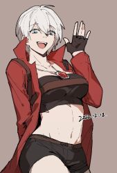  1girl belt_bra black_shorts blue_eyes blush breasts coat cowboy_shot dante_(devil_may_cry) denim denim_shorts devil_may_cry devil_may_cry_(series) devil_may_cry_3 fingerless_gloves genderswap genderswap_(mtf) gloves hair_between_eyes highres jewelry jiemojiemo long_sleeves looking_at_viewer midriff navel necklace open_clothes open_coat open_mouth red_coat short_shorts shorts simple_background smile solo stomach teeth upper_teeth_only white_hair 