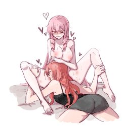 2girls akuma_no_riddle barefoot blush imminent_penetration multiple_girls nude on_bed pink_hair red_hair yuri rating:Questionable score:16 user:robblu