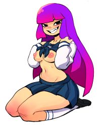  1girl breasts flashing glitch_techs grin highres long_hair looking_at_viewer medium_breasts miko_kubota multicolored_hair nipples purple_hair school_uniform shoes sitting skirt smile socks solo teeth  rating:Questionable score:77 user:Holdencfield