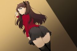 1girl :o absurdres ass black_ribbon black_skirt black_thighhighs blue_eyes brown_hair commentary commentary_request fate/stay_night fate_(series) from_behind hair_ribbon highres kyokucho looking_at_viewer red_shirt ribbon shirt skirt solo thighhighs tohsaka_rin twintails zettai_ryouiki rating:Sensitive score:94 user:danbooru
