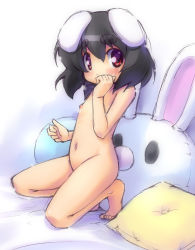 1girl animal_ears barefoot black_hair eyebrows female_focus flat_chest inaba_tewi kanno loli navel nipples nude pillow rabbit_ears rabbit_girl rabbit_tail red_eyes short_hair sketch solo tail touhou  rating:Questionable score:40 user:danbooru