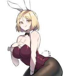  1girl :&gt; animal_ears blonde_hair blush bow bowtie breasts character_request cleavage detached_collar fake_animal_ears fake_tail hand_on_own_chest in_(ain) large_breasts leotard looking_at_viewer original pantyhose playboy_bunny rabbit_ears rabbit_tail red_leotard short_hair simple_background smile solo split_mouth tail white_background wrist_cuffs yellow_eyes  rating:Sensitive score:55 user:danbooru
