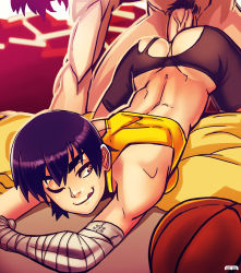  1boy 1girl ;q andava araragi_koyomi ass ass_cutout assertive_female back bakemonogatari ball bandaged_arm bandages bare_shoulders basketball basketball_(object) bike_shorts black_hair brown_eyes butt_crack clothed_female_nude_male clothed_sex clothing_cutout doggystyle happy_sex hetero highres kanbaru_suruga large_penis licking_lips looking_back male_pubic_hair monogatari_(series) no_panties nude on_bed one_eye_closed penis pubic_hair purple_hair sex sex_from_behind short_hair solo_focus sports_bra thick_eyebrows tomboy tongue tongue_out top-down_bottom-up torn_bike_shorts torn_clothes uncensored veins veiny_penis  rating:Explicit score:214 user:danbooru
