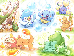  &gt;_&lt; :3 arms_up bird blush_stickers breath_weapon breathing_fire brown_eyes bubble bulbasaur charmander claws cleaning creatures_(company) dango duck farfetch&#039;d fire food fuecoco galarian_farfetch&#039;d game_freak gen_1_pokemon gen_2_pokemon gen_8_pokemon grass heart holding holding_food holding_vegetable jumpluff nintendo one_eye_closed open_mouth pokemon quaxly red_eyes shuri_(syurigame) signature sirfetch&#039;d sitting sleeping sprigatito squirtle starter_pokemon_trio turtle vegetable wagashi 