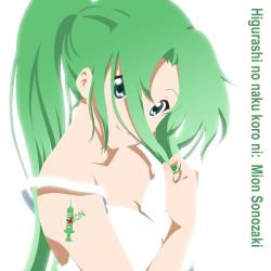 1girl aquilix art_style_parody bad_id bad_pixiv_id blue_eyes camisole cover crossover dress green_eyes green_hair hair_in_face higurashi_no_naku_koro_ni holding holding_own_hair intomemories k-on! long_hair matching_hair/eyes parody ponytail simple_background smile solo sonozaki_mion syringe tattoo white_background