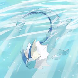 bubble closed_eyes closed_mouth creatures_(company) fins fish_tail game_freak gen_1_pokemon kosokoso_002 nintendo no_humans pokemon pokemon_(creature) smile spikes swimming tail twitter_username underwater vaporeon water