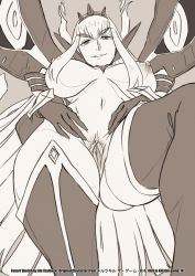  clitoris crown high_heels junketsu_shinzui kamui_(kill_la_kill) kill_la_kill kill_la_kill:_if kiryuuin_satsuki long_hair monochrome nipples pussy smile solo spread_pussy tagme thighhighs uncensored  rating:Explicit score:26 user:TDream
