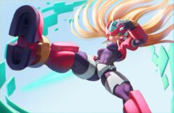  1girl aile_(mega_man_zx) armor black_bodysuit blonde_hair blurry blurry_foreground bodysuit boots breasts covered_erect_nipples covered_navel crotch_plate fins forehead_jewel green_eyes head_fins helmet highres long_hair medium_breasts mega_man_(series) mega_man_zx model_zx_(mega_man) mr_cheesedong power_armor red_footwear red_helmet solo 