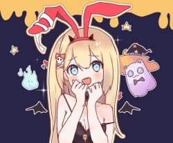  1girl absurdres animal_ears bat_wings black_camisole black_horns black_wings blonde_hair blue_eyes blush breasts camisole chika_ka cleavage commentary_request cone_horns detached_wings fake_animal_ears fake_horns ghost hair_between_eyes hair_ornament hairband hands_up hat highres horns long_hair looking_at_viewer mahjong mahjong_soul medium_bangs medium_breasts mikami_chiori open_mouth orange_hat rabbit_ears red_hairband skull_hair_ornament smile solo star_(symbol) strap_slip tenbou upper_body wings witch_hat 